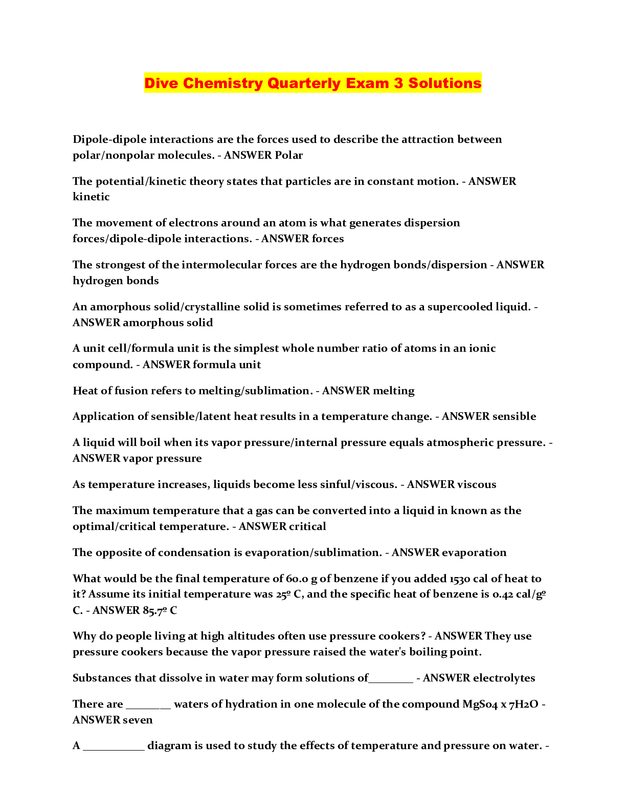 Dive Chemistry Quarterly Exam 3 Solutions Browsegrades